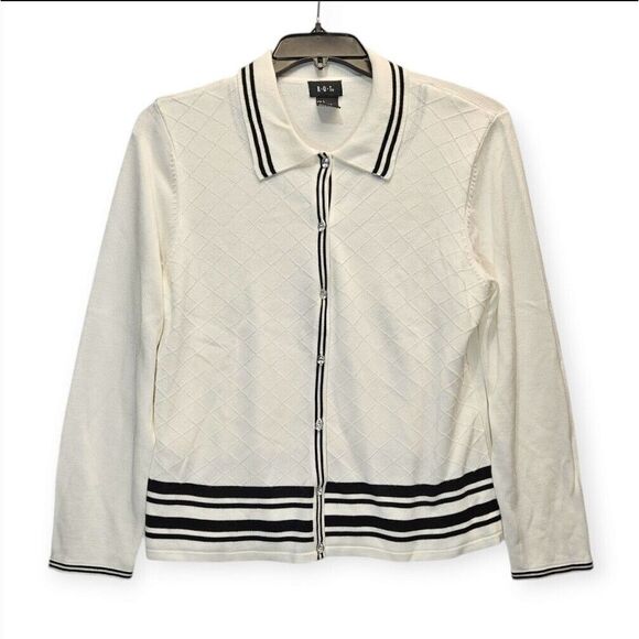 RQT Cardigan Large White Black Button Up Striped Double Layered‎ Checkered - Picture 1 of 7